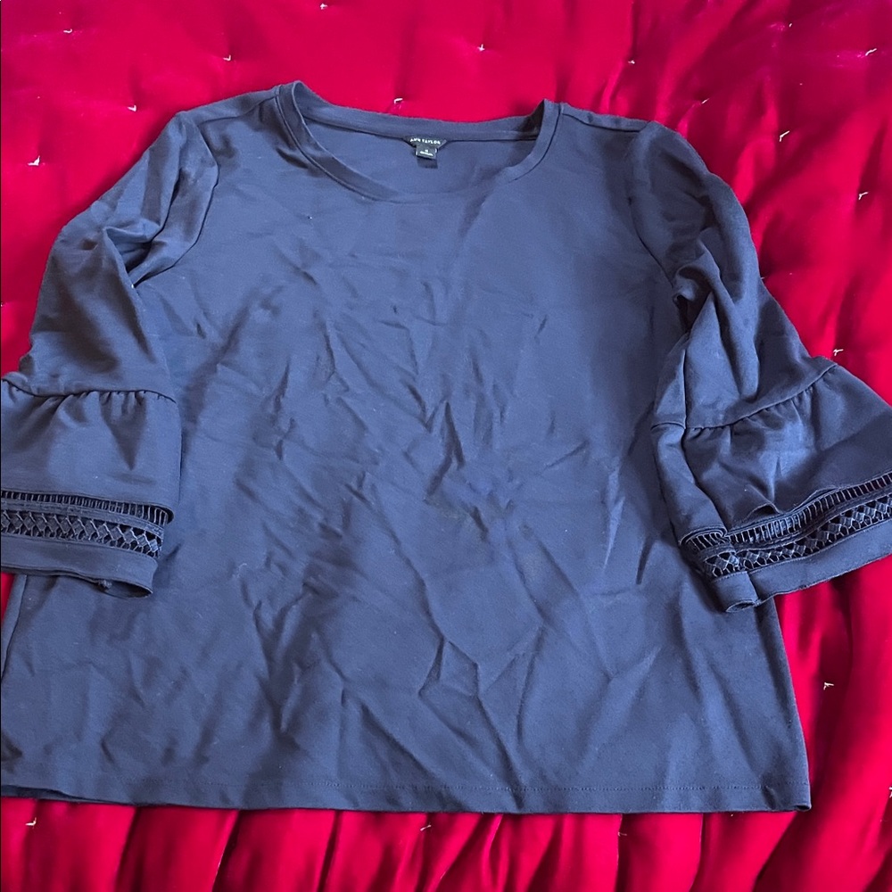 Ann Taylor Navy Blouse with Crochet Sleeves
